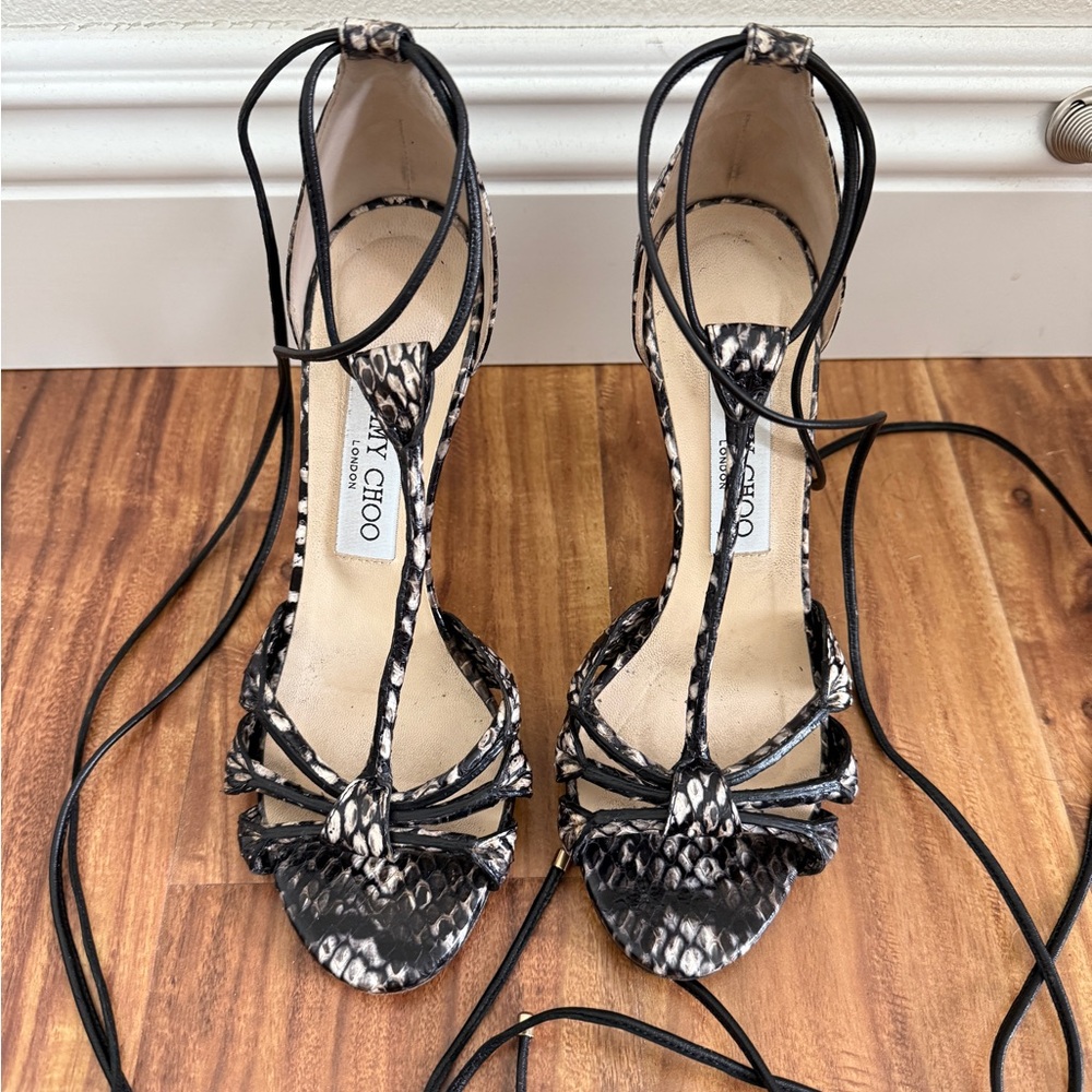 Jimmy choo leather python animal print strap heels 36 1/2